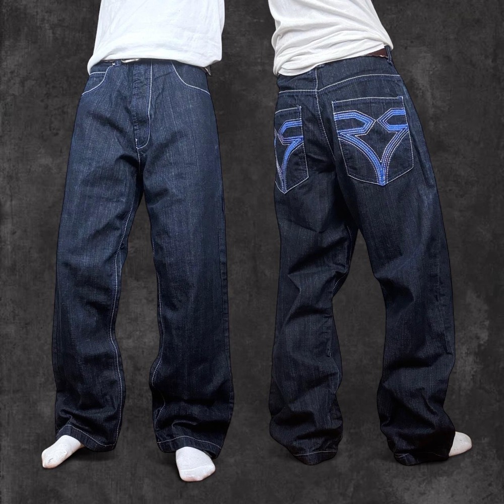 Y2K Baggy Dark Wash Denim Jeans Blue Pocket Embroidery Men's Size 32x30 Grunge